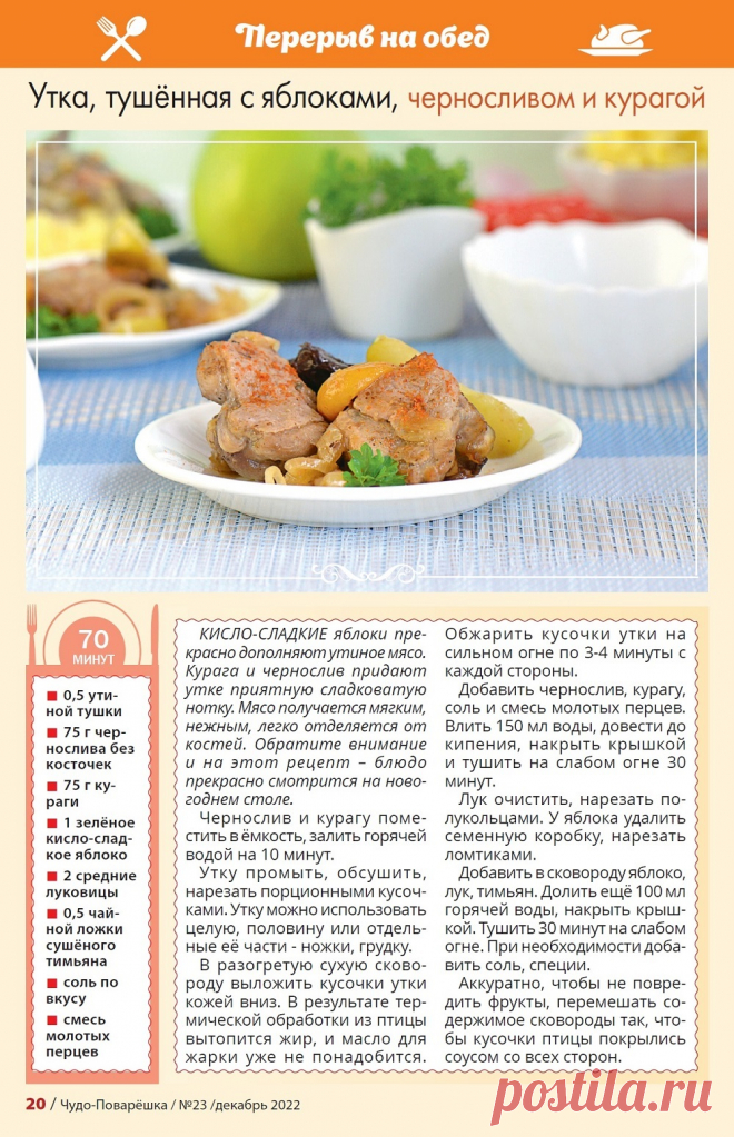 Утка тушенная с яблоками, черносливом и курагой