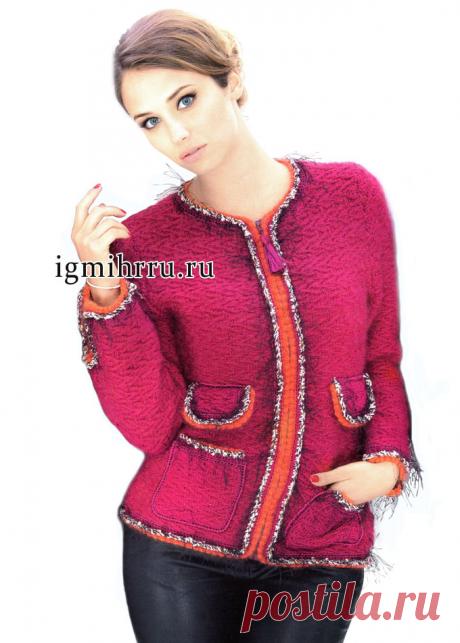 Элегантный розовый жакет в стиле Шанель. Вязание спицами