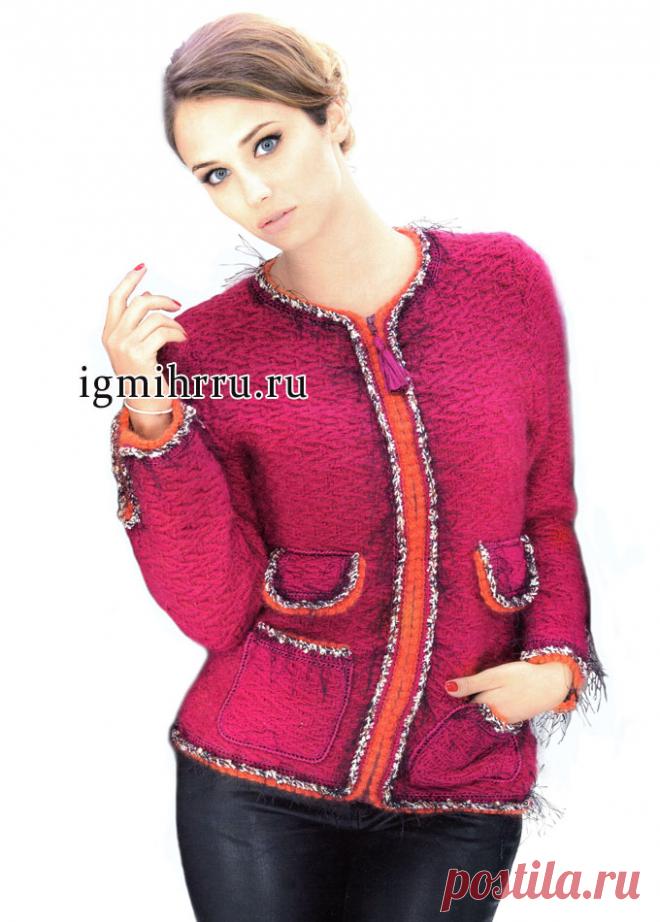 Элегантный розовый жакет в стиле Шанель. Вязание спицами