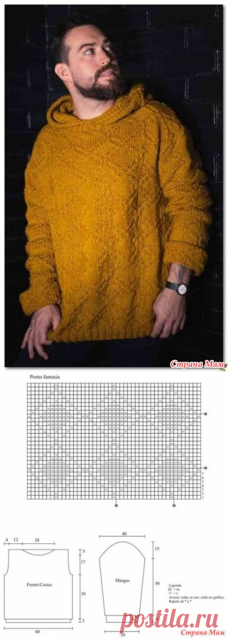 Идея для мужского пуловера с капюшоном спицами - Вязание - Страна Мам