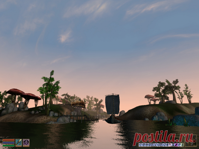 Пристань и станция силт-страйдеров Вивека.
Vivec City's Silt Strider station and harbour.