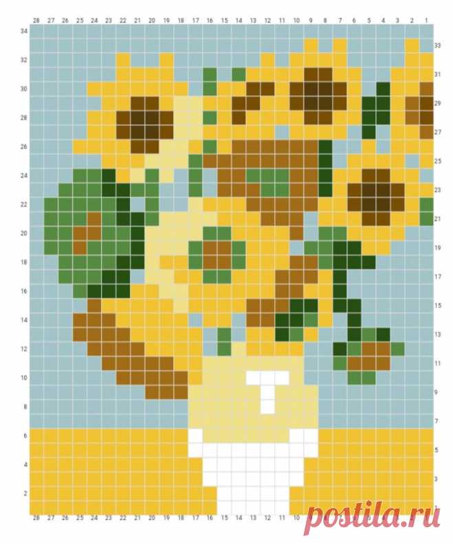 a cross stitch sunflowers in a vase on a blue and yellow mosaic background