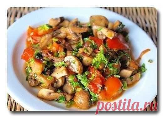 Теплый грибной салат с помидорами.