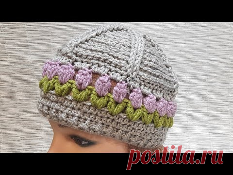 Шапка на весну крючком с цветочным узором🌸🌸🌸