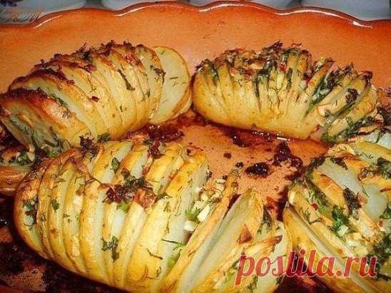 10 вкусных рецептов из картофеля !
1). Картофель Дофинэ !
Ингредиенты: 
- 9 шт. картофеля, средних, одинаковой величины 
- 9 ч. л. сливочного масла 
- 9 пластинок сыра голландского или Гауда толщиной 5 мм 
- соль и молотый перец по вкусу 
Приготовление: 
Картофель вымыть и очистить, срезав небольшой кусочек с одного края, так, чтобы картофель можно было поставить вертикально. По всей длине картофеля ножом сделать надрезы, как если бы вы нарезали для картофеля фри, но не дорезая до края, при