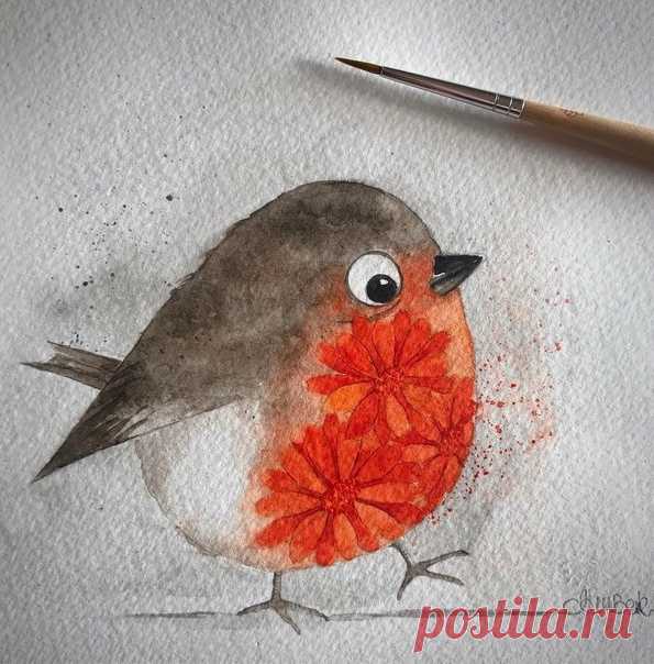 Нарисованные цветочки и птичка 😜 Автор alimbeck06 (Италия - Триест) 🎨