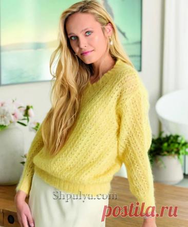 Пуловер с V-образным ажурным узором — Shpulya.com - схемы с описанием для вязания спицами и крючком