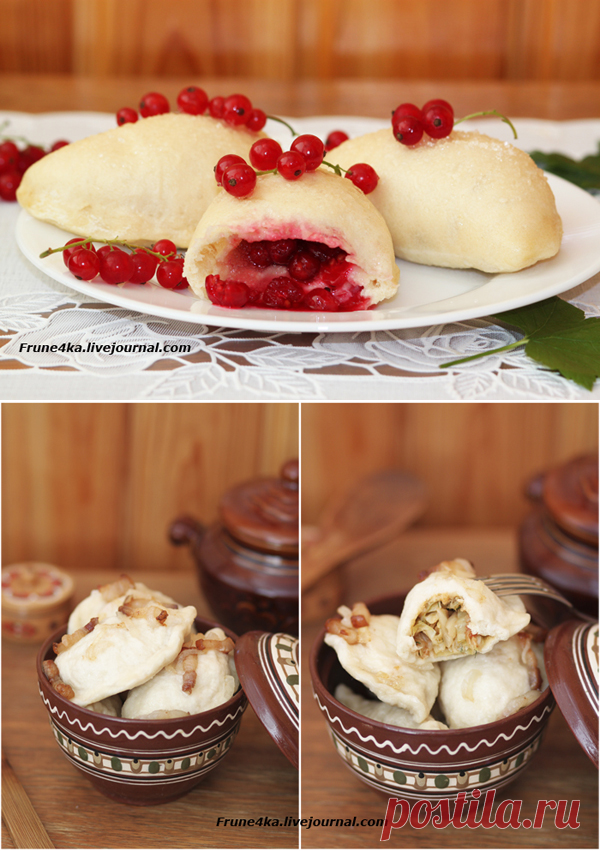 Варенички с красной смородиной на пару и с молодой капустой и шкварками (двойное удовольствие)
