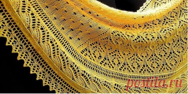 Красивая ажурная шаль Mayapple Красивая ажурная шаль спицами, схемы и описание. Отдельные мотивы изысканного ажурного узора, которые выбраны для основной части шали напоминают эти вечерние цветочки, защищенные двумя листиками.