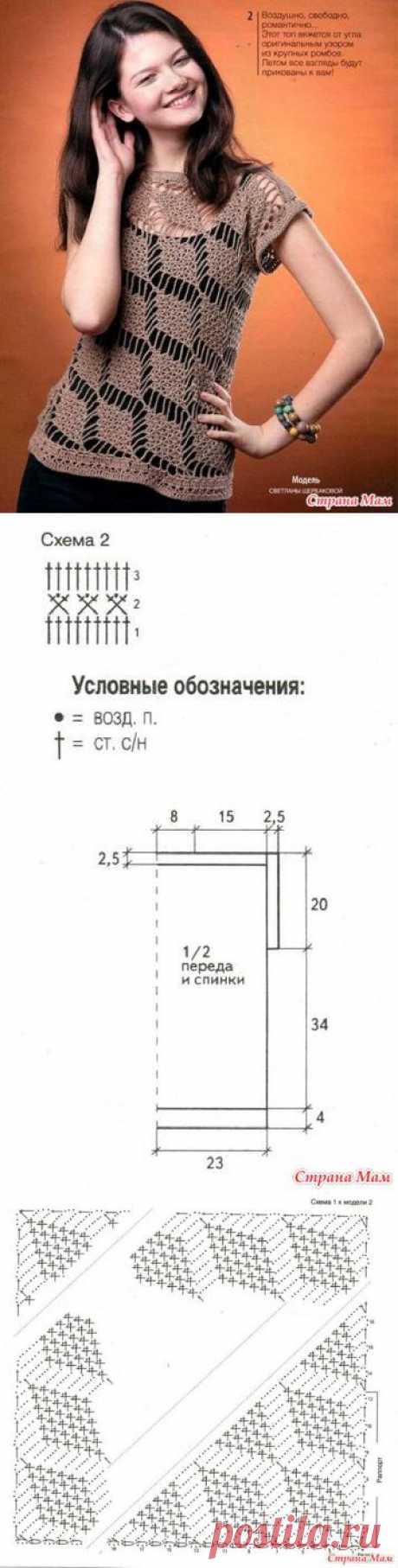 Узор по диагонали. Ажурный топ крючком. - ВЯЗАНАЯ МОДА+ ДЛЯ НЕМОДЕЛЬНЫХ ДАМ - Страна Мам