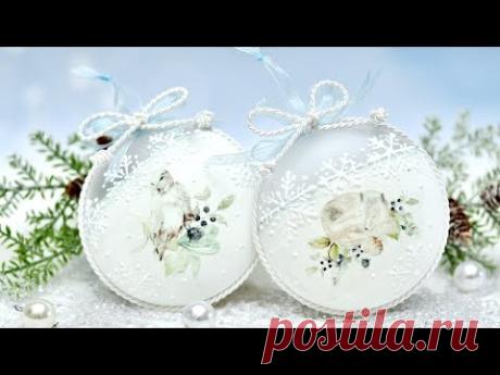 Decoupage bombki decoupage - białe zwierzęta DIY  tutorial