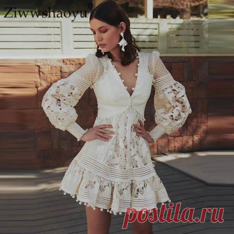 8752.61 руб. 15% СКИДКА|Ziwwshaoyu сексуальные выдалбливают Мини платья вышивка v образным вырезом с пышными рукавами хлопок лен платье для отпуска Весна и лето новые женские купить на AliExpress