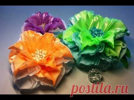 Ribbon flowers:quick dahlia/Flores de las cintas:dalia rápidamente/Цветы из лент:георгин быстро.МК