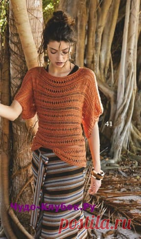 Ажурный пуловер с вырезом-лодочкой вязаный спицами 1918 | ✺❁сайт ЧУДО-клубок ❣ ❂✺Ажурный пуловер с вырезом-лодочкой вязаный спицами 1918, описание и схемы к нему: ❂ ►►➤6 000 ✿моделей вязания ❣❣❣ 70 000 узоров►►Заходите❣❣ %