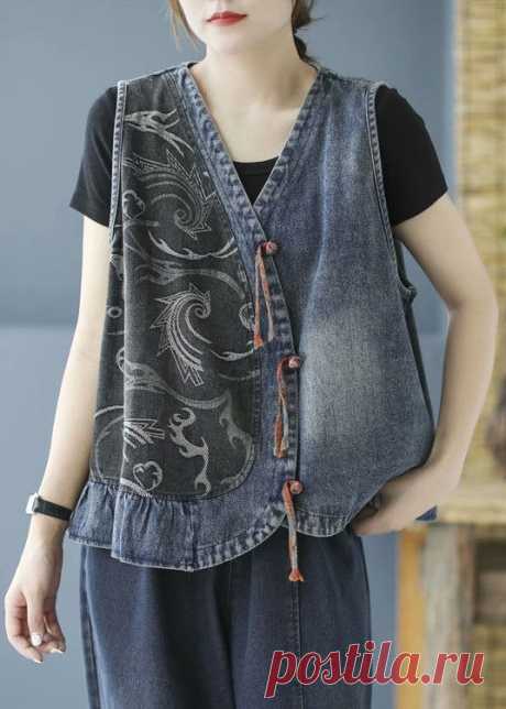 Plus Size Black Tasseled Patchwork denim Sleeveless Vest - Blue / S(Fit for EU 38-40, US 6-8, UK/AU 10-12, IT 42-44)