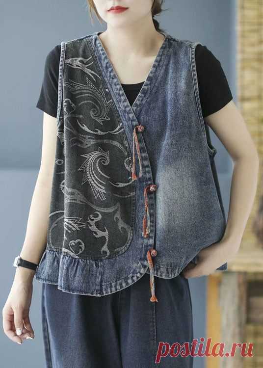 Plus Size Black Tasseled Patchwork denim Sleeveless Vest - Blue / S(Fit for EU 38-40, US 6-8, UK/AU 10-12, IT 42-44)