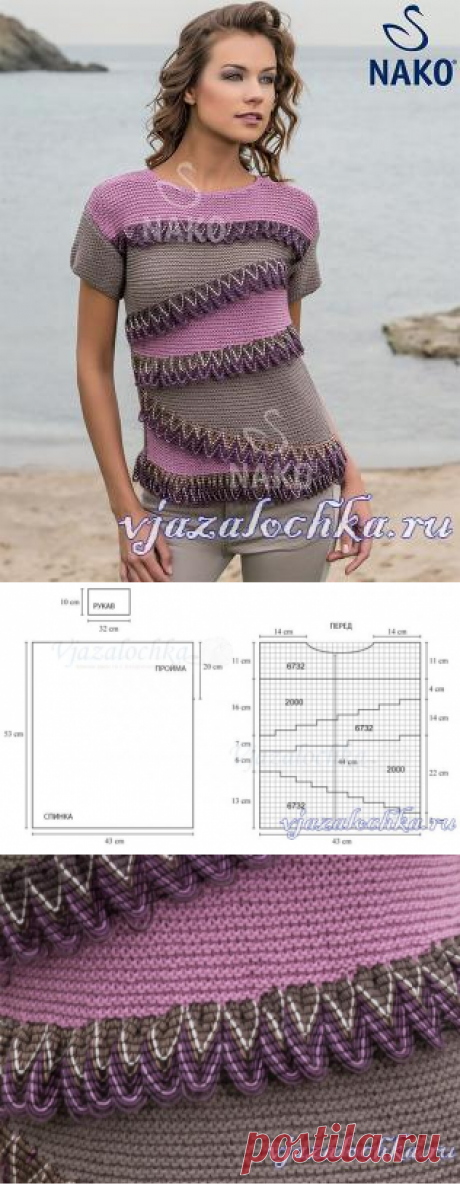 Двухцветный топ спицами с кружевной каймой