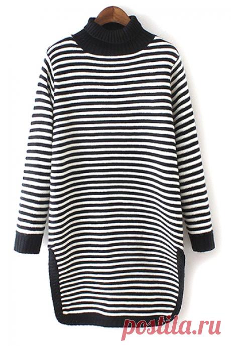 Turtle Neck Striped Side Slit Sweater BLACK AND WHITE: Sweaters | ZAFUL