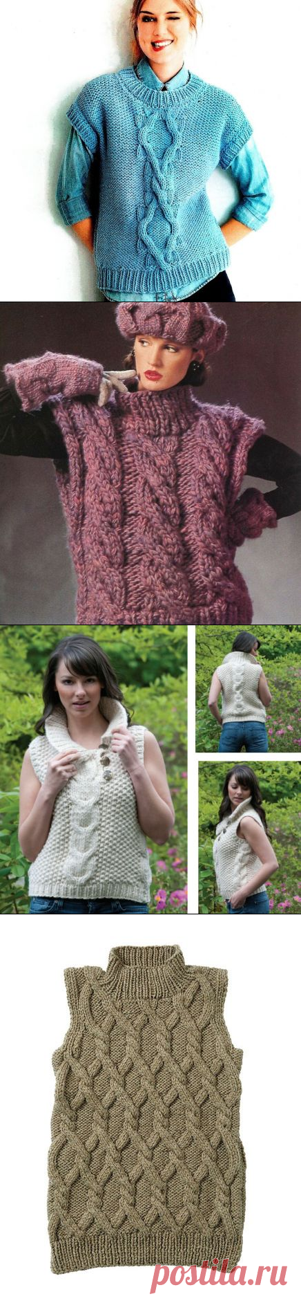 Женские жилеты с косами из толстой пряжи спицами – 4 схемы вязания с описанием