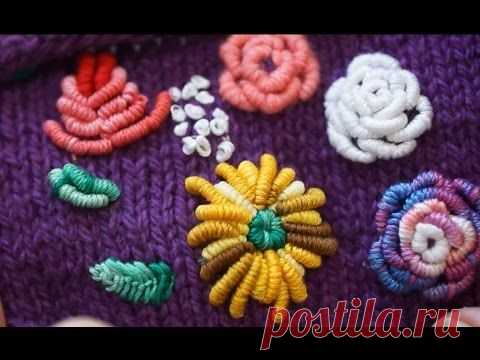 Вышивка по трикотажному полотну (embroidery on knitted fabric,decoration on booties and gloves). Видео мастер-класс.