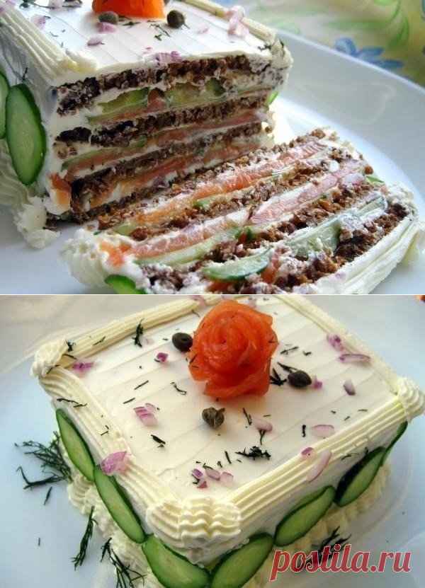 Бутербродный торт с копченым лососем и мягким сыром.