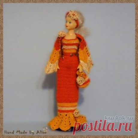 Платье для Барби мисс осень 2005. Работа Alise Crochet Вечерние, нарядные и фантазийные платья для Барби: Мисс Осень 2005 Для куклы: Barbie, Барби нового образца Описание: Элегантное узкое вечернее платье дополнено