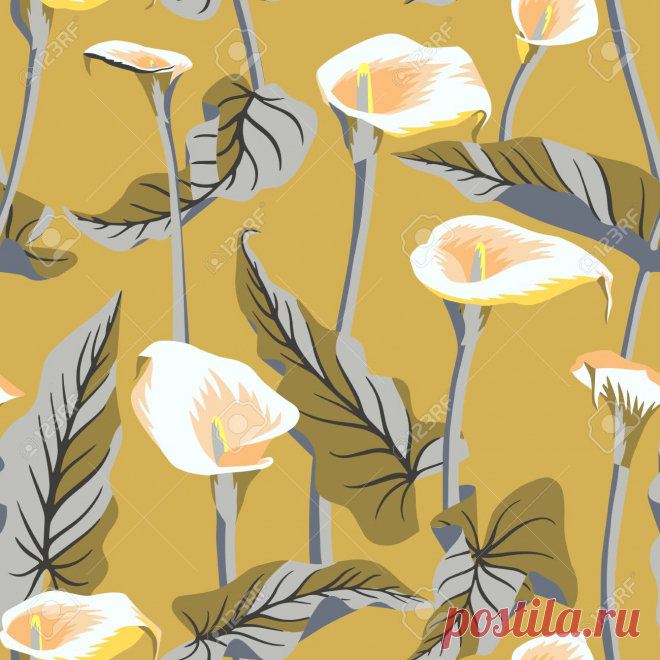 Vector Floral Seamless Pattern With Exotic Calla Flowers. Anthurium Or Flamingo Flowers. Hawaiian, Jungle Plant Pattern. Summer Floral Elements. Botanical Illustration For Textile, Fabric And Wrapping Ilustraciones Vectoriales, Clip Art Vectorizado Libre De Derechos. Image 157066850.