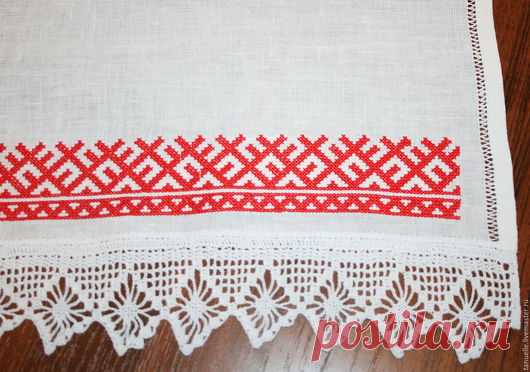 Купить Льняное полотенце с вышивкой и кружевом Русские узоры - белый, рушник, льняной рушник