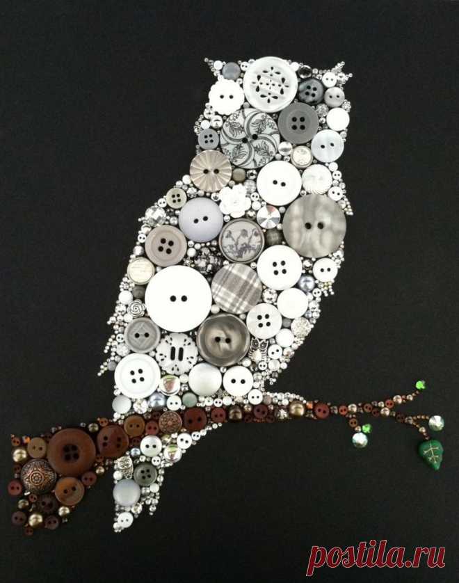 Button Art Owl Night Owl Button & Swarovski Owl Silhouette 8x10