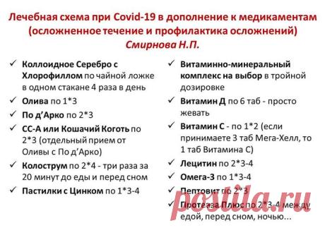 Лечебная схема при Covid-19 в дополнение к медикаментам(осложненное течение и профилактика осложнений) Смирнова Н.П.