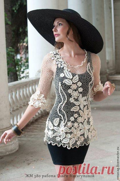 Купить Туника "Эти белые цветы" - бежевый, цветочный, ирландское кружево, туника крючком