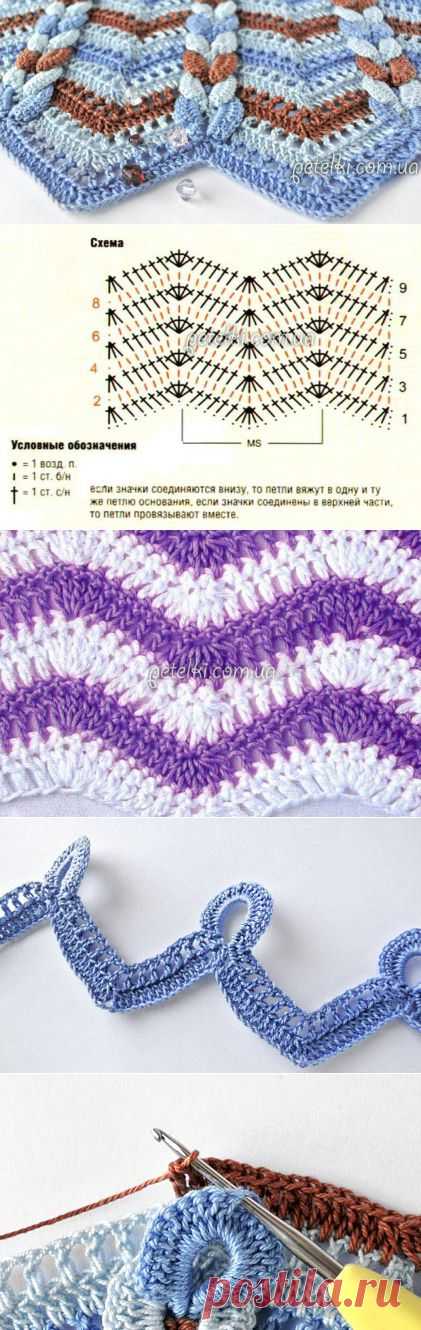 Узор крючком. Зигзаг с косичками. Схема, МК в картинках