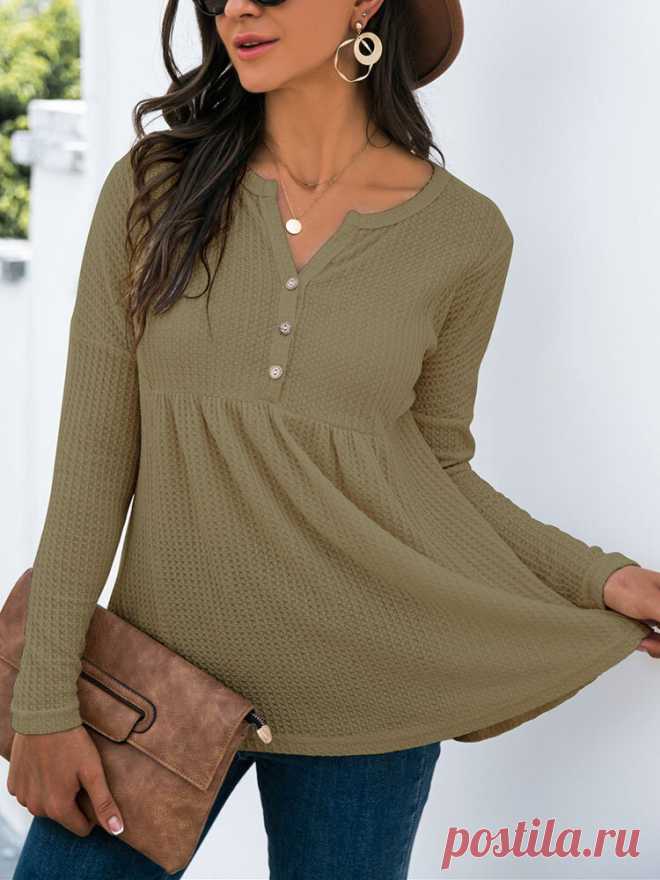 Модный однотонный вязаный женский свитер с длинным рукавом и V-образным вырезом на пуговицах - NewChic