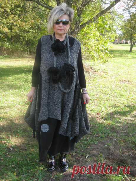Handknitted Lagenlook Asymmetrical  Sleeveless Grey Tunic Gorgeous sleeveless asymmetrical tunic in melange grey color, it is convertible: you can wear it with long sides or Ill give you a few fringes and you can lift up sides (picture #2)! necklace is a bonus, must have piece for cool season! Measurements: Bust is free- can fit any size, front length is 31-32 inches, back length is 49 inches