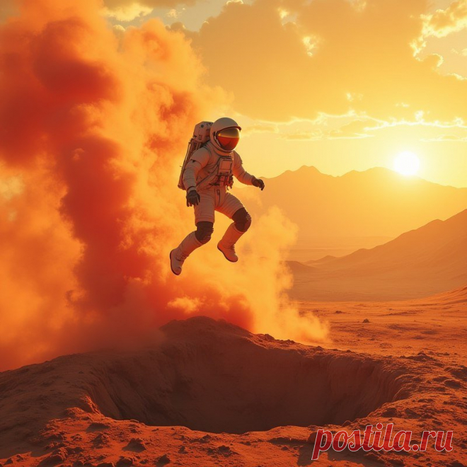 Прыжок астронавта над кратером на далёкой планете в закатных лучах. Картинка из нейронной сети Flux Ai - Flux.1 примеры промтов - Форум ИИ о нейросетях - Yes Ai