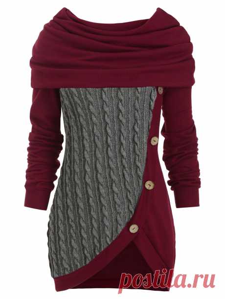 [44% OFF] 2019 Cowl Neck Mock Button Cable Knit Knitwear In GRAY CLOUD | DressLily