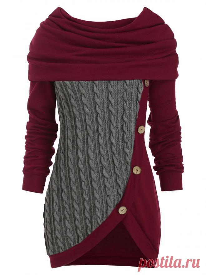 [44% OFF] 2019 Cowl Neck Mock Button Cable Knit Knitwear In GRAY CLOUD | DressLily