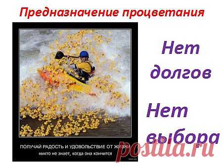 Процветание несёт радость и наслаждение. Пусть вы живёте не на вилле, а в квартире. Путешествуете не самолётом, а поездом. Ездите не на иномарках, а на отечественных автомобилях. Ваше предназначение не в том,что бы выживать, а жить полной жизнью. Не жить в долг, от зарплаты, до зарплаты. Процветание заложено внутри нас, но проявляется только тогда, когда человек настроен и готов к этому.