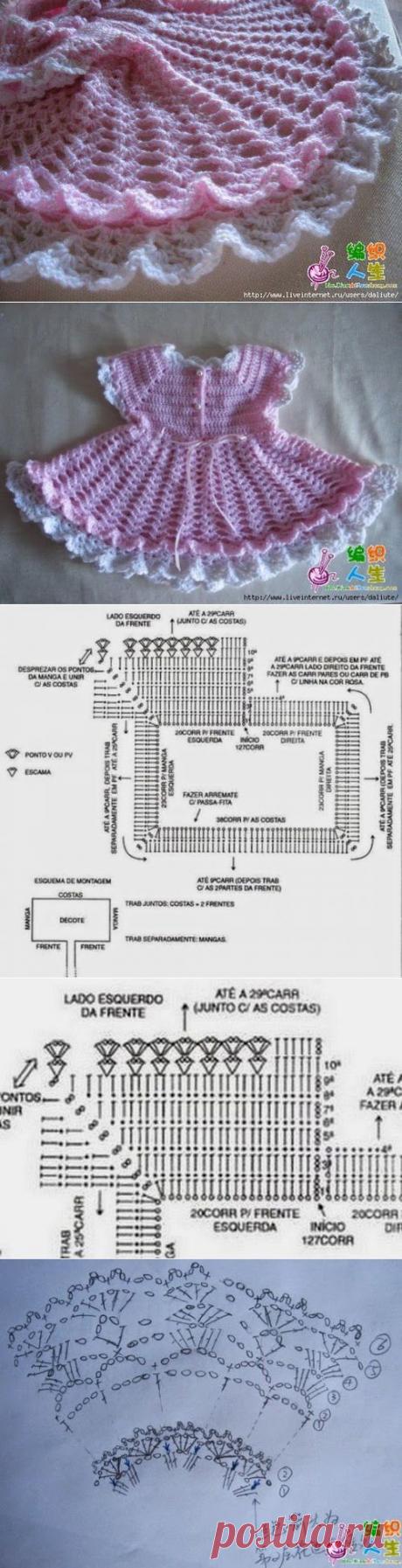 فستان بنوته صغيره وردي من الكروشيه مع الباترون ~ خيط وابره