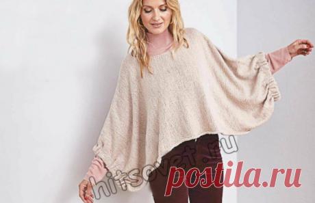 Вязание спицами для женщин стильного пончо-пуловера лицевой гладью с пошаговым бесплатным описанием.