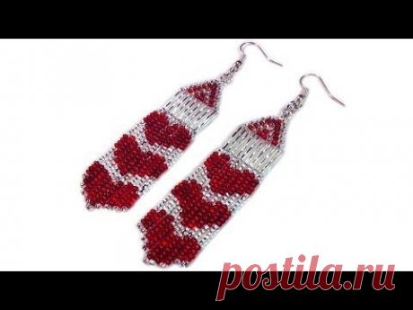 Tutorial: How to make beaded long heart earrings / Серьги из бисера с сердечками мастер-класс - YouTube