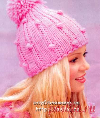 Розовая шапка с помпоном Вязание для женщин. Вязание спицами knitka.ru