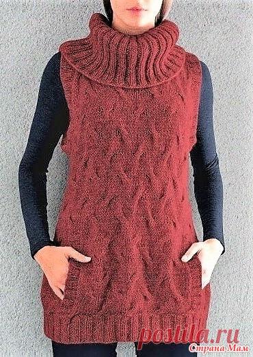 Теплая удлиненная безрукавка с объемным воротником и карманом-кенгуру. Спицы. - ВЯЗАНАЯ МОДА+ ДЛЯ НЕМОДЕЛЬНЫХ ДАМ - Страна Мам