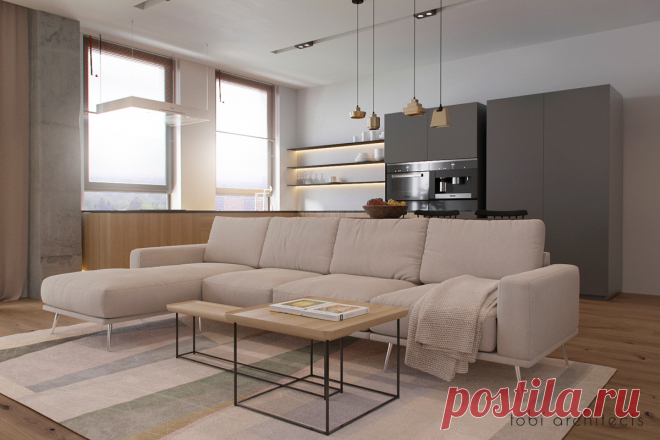 Было предложено создать лаконичный дизайн интерьера —  LOOKING AT DNIPRO, для  апартаментов, с прекрасным видом на реку Днепр.
Благодаря панорамным окнам – комнаты наполнены светом и теплом.
Прихожую ми предложили отделить перегородкой из деревянных реек. Данное решение позволило использовать как функционального элемента и декорации.
Еще одна особенность интерьера — кухня, которая «оторвана» от пола. Это решение позволило добавить легкости и воздушности дизайну.