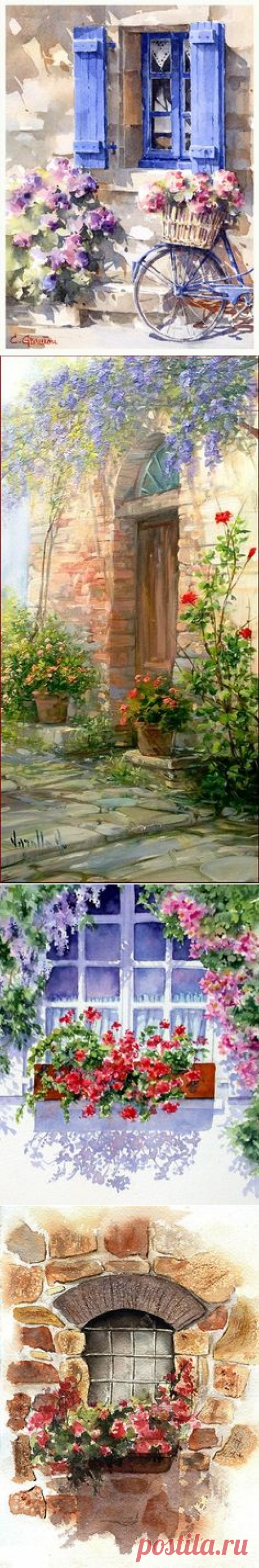 Sunlit Door with Geraniums by Ann Mortimer | Watercolor windows and doors