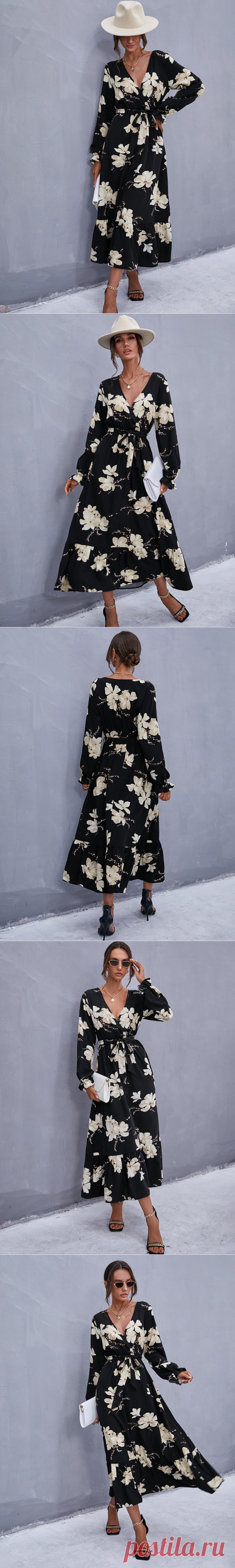 Elegnat Floral Pinted Long Sleeve Deep V neck Maxi Dress - Cicicloth