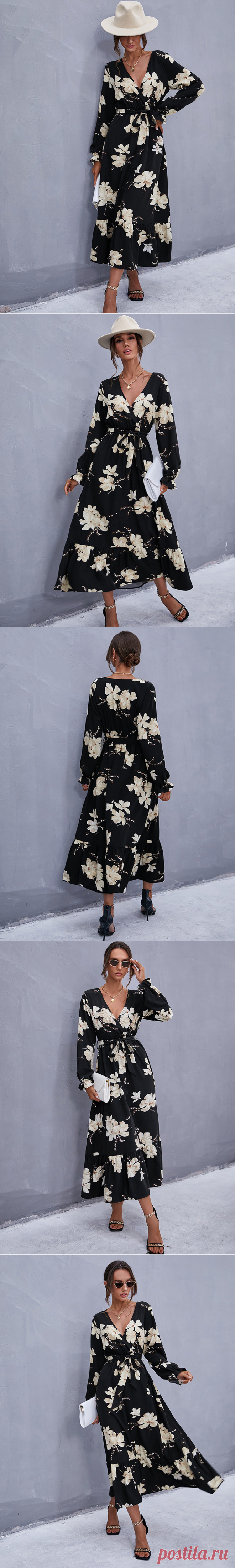 Elegnat Floral Pinted Long Sleeve Deep V neck Maxi Dress - Cicicloth
