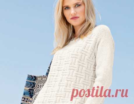 Джемпер с рельефным узором и контрастным кантом - схема вязания спицами. Вяжем Джемперы на Verena.ru Схема и описание вязания на спицах джемпера с рельефным узором и контрастным кантом из журнала «Сабрина» №11/2017