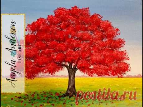 How to Paint Red Oak Tree Fall Landscape | Full Length Live Acrylic Painting Tutorial | Free Lesson