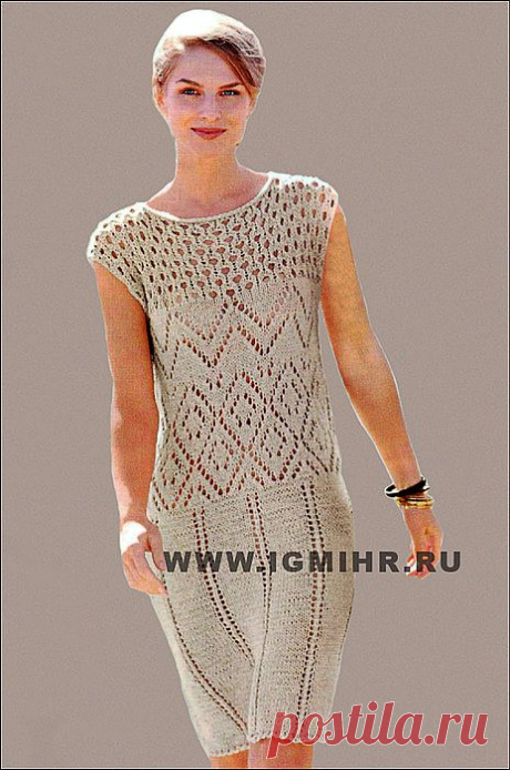 Прозрачные узоры для лета! Платье цвета экрю с ажурными узорами. Спицы.